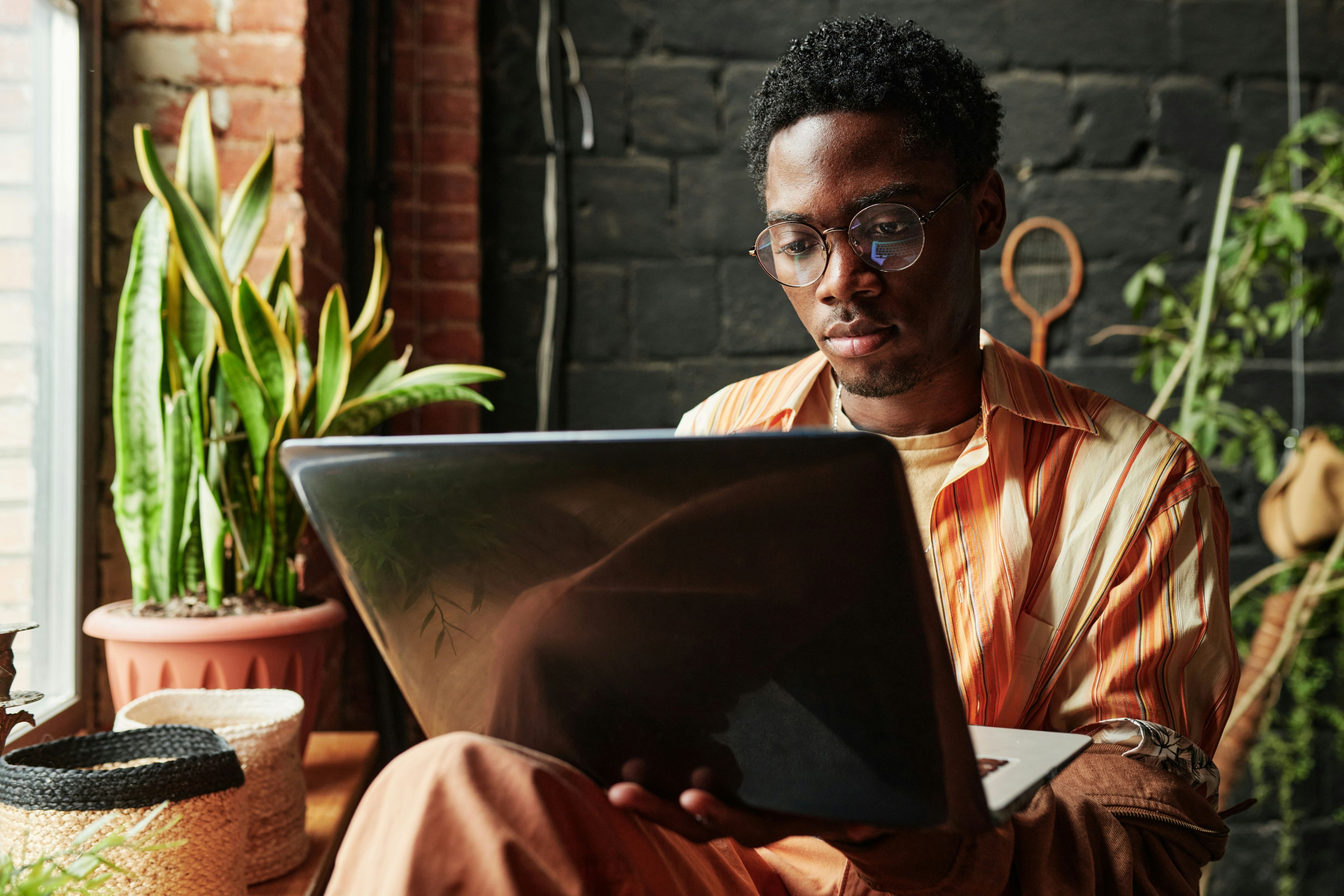 Person on a laptop surrounded by houseplants