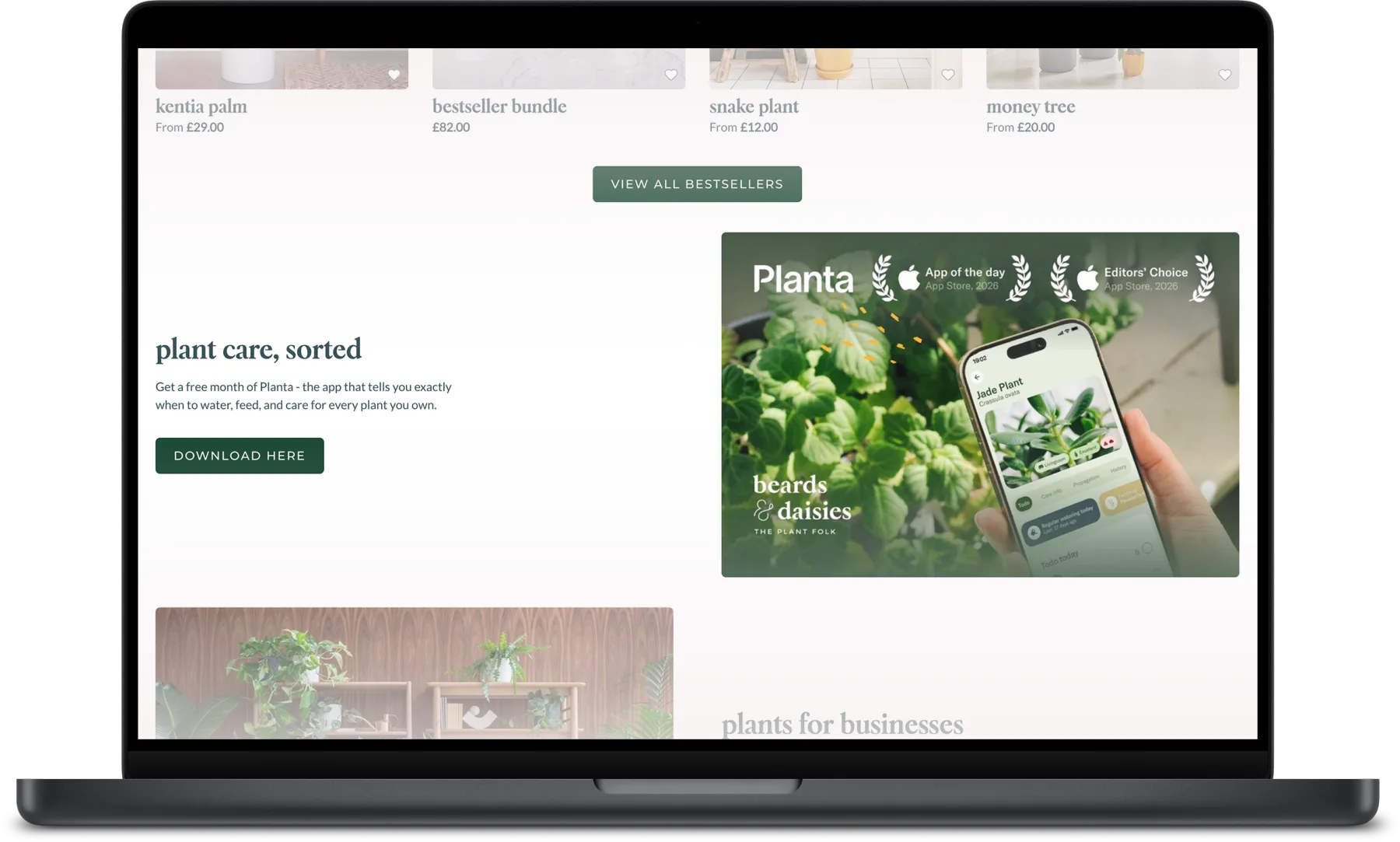 Planta and Beards & Daisies co-branded plant care experience shown on a laptop